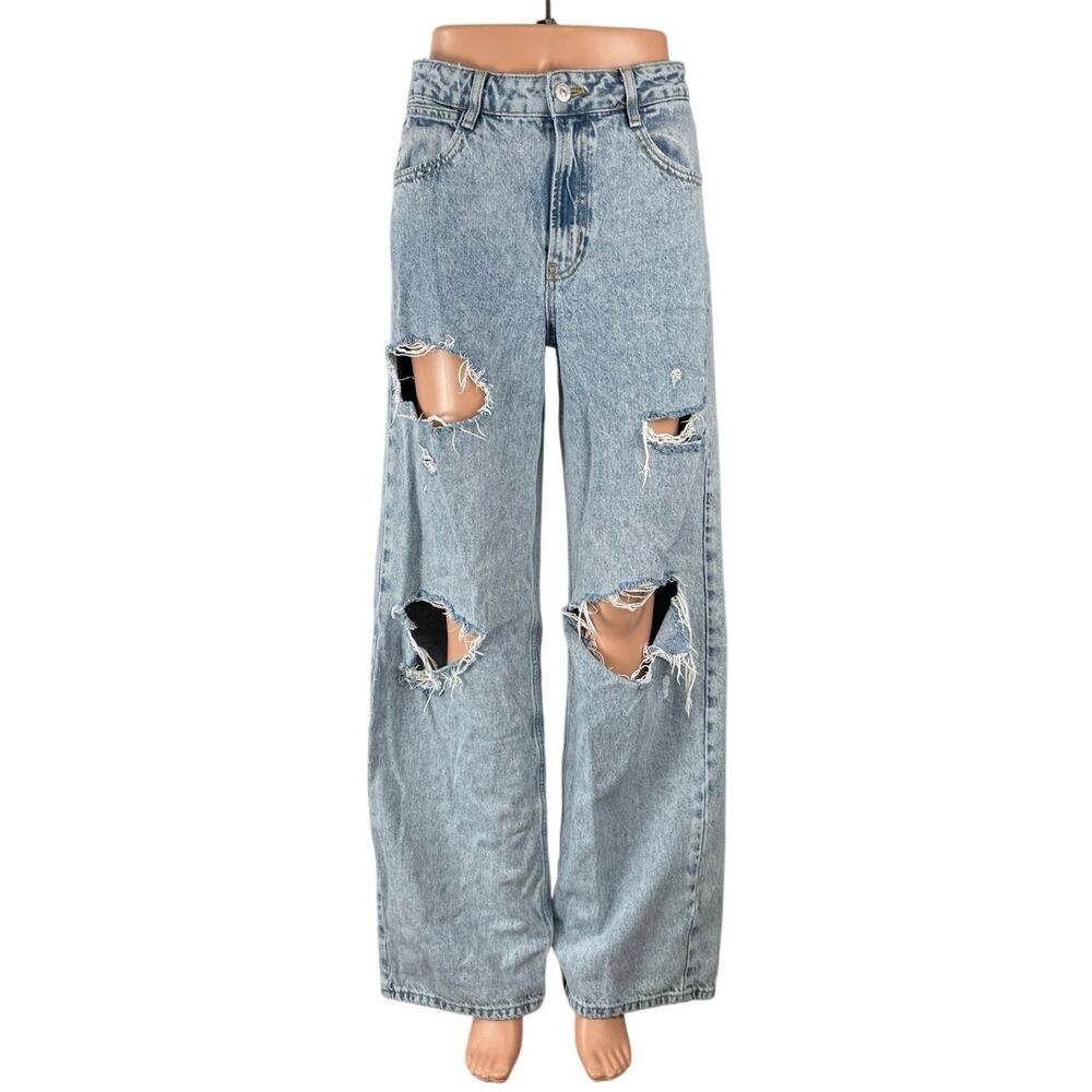Zara Distressed Destroyed High Rise Baggy Palazzo Wide Leg Denim Jeans Pants 2